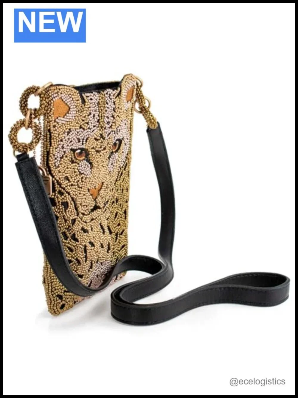 Beaded Leopard Crossbody Cell Phone Bag with Zipper Pocket, Leather Strap